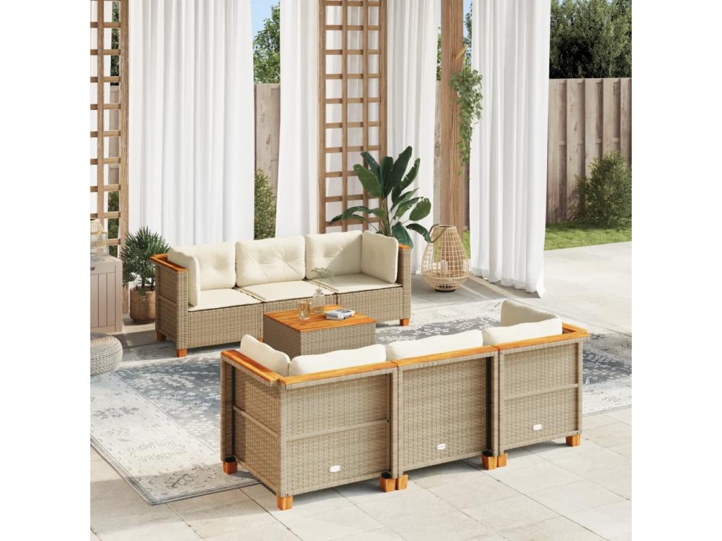 7-piece garden furniture set with cushions, beige woven resin, 96596PFCM