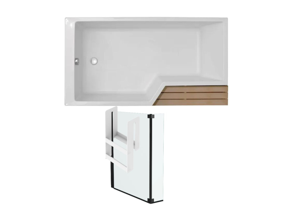 Calmetop Neo 170x90cm Non-Slip Bath/Shower Pack, Matte White - Left-Hand View, Matte Black Bath Screen 25676QQZX