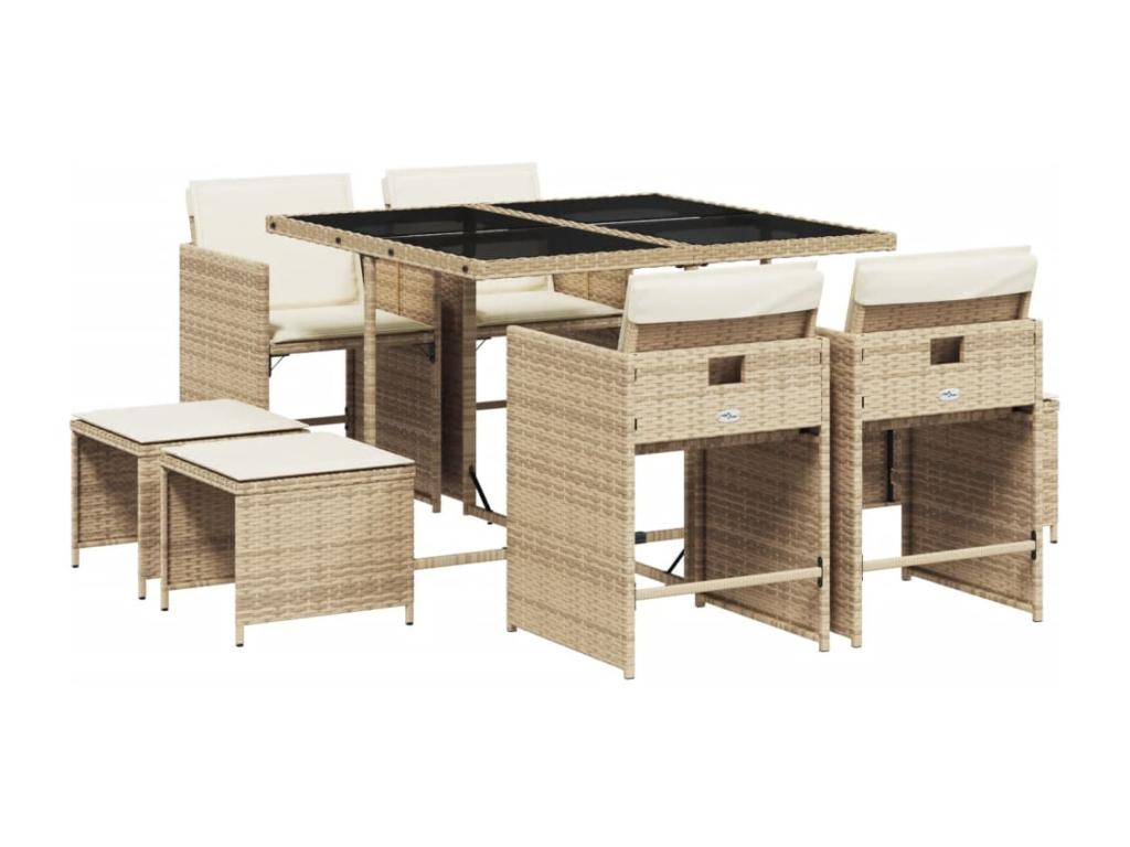 9-piece beige poly rattan garden dining set and cushions 07738MBOW