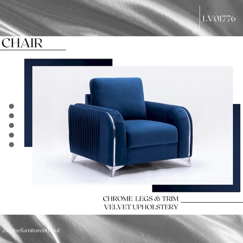 Blue 38 Modern Velvet Accent Chair with Polished Chrome Trim Legs