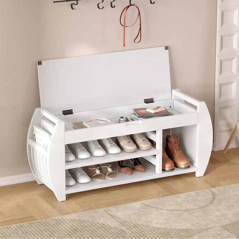 Multifunctional Storage Bench with Cushion and Curved Side Panel for Entrance and Living Room