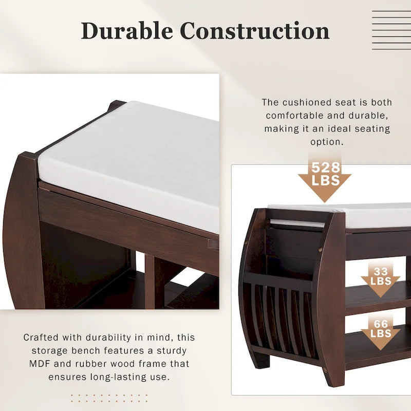 Multifunctional Storage Bench with Cushion and Curved Side Panel for Entrance and Living Room