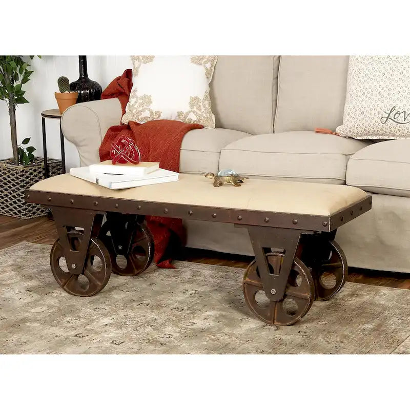 Linen Fabric Vintage Industrial Inspired Home Bench with Wheels and Linen Upholstered Seat - Brown - Roche River Decor