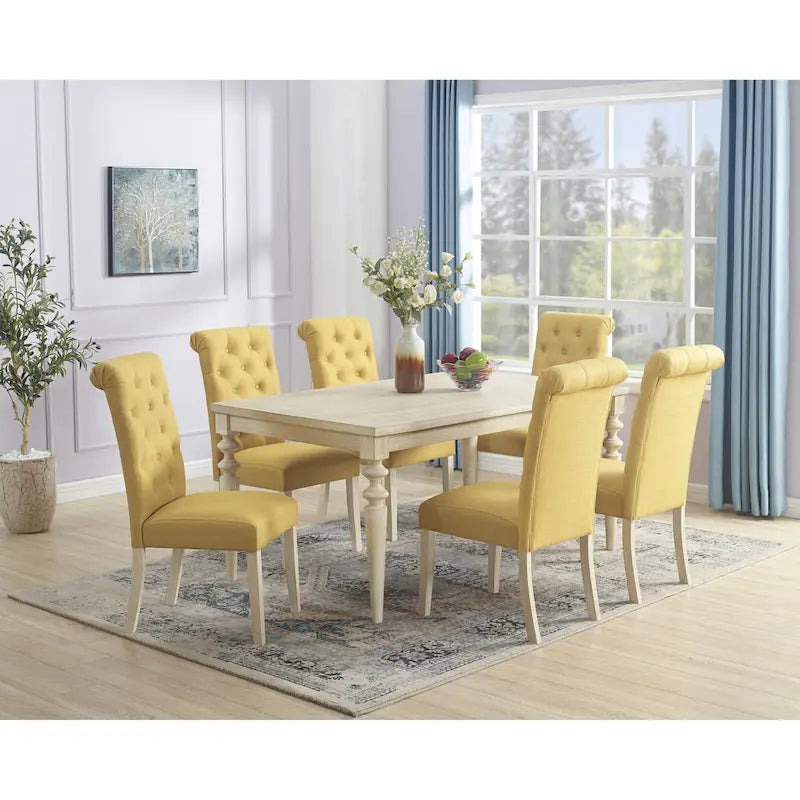 Modern Dining Table and Chairs Set Home Party Dining Table and Chairs Set with 6 Tufted Chairs and Turned Leg for Kitchen