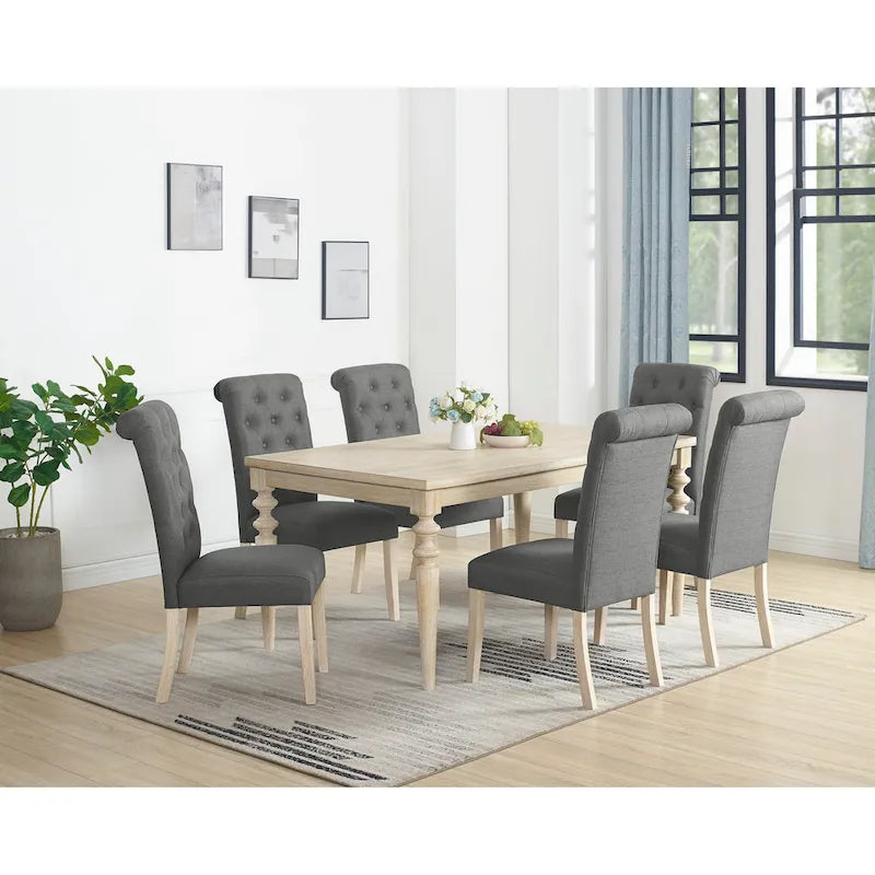 Modern Dining Table and Chairs Set Home Party Dining Table and Chairs Set with 6 Tufted Chairs and Turned Leg for Kitchen