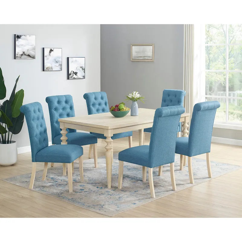 Modern Dining Table and Chairs Set Home Party Dining Table and Chairs Set with 6 Tufted Chairs and Turned Leg for Kitchen