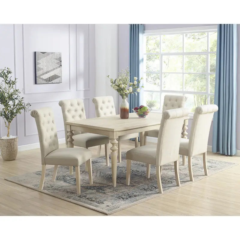 Modern Dining Table and Chairs Set Home Party Dining Table and Chairs Set with 6 Tufted Chairs and Turned Leg for Kitchen