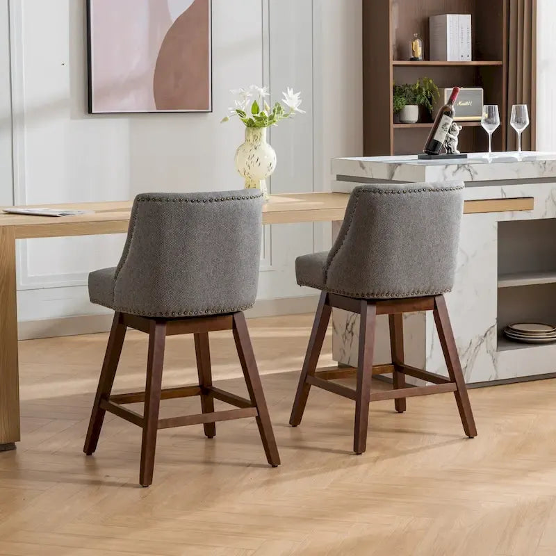 Counter Height Swivel Bar Stools Set of 2, Upholstered Fabric Counter Kitchen Island Barstools with Back, Solid Wood Legs