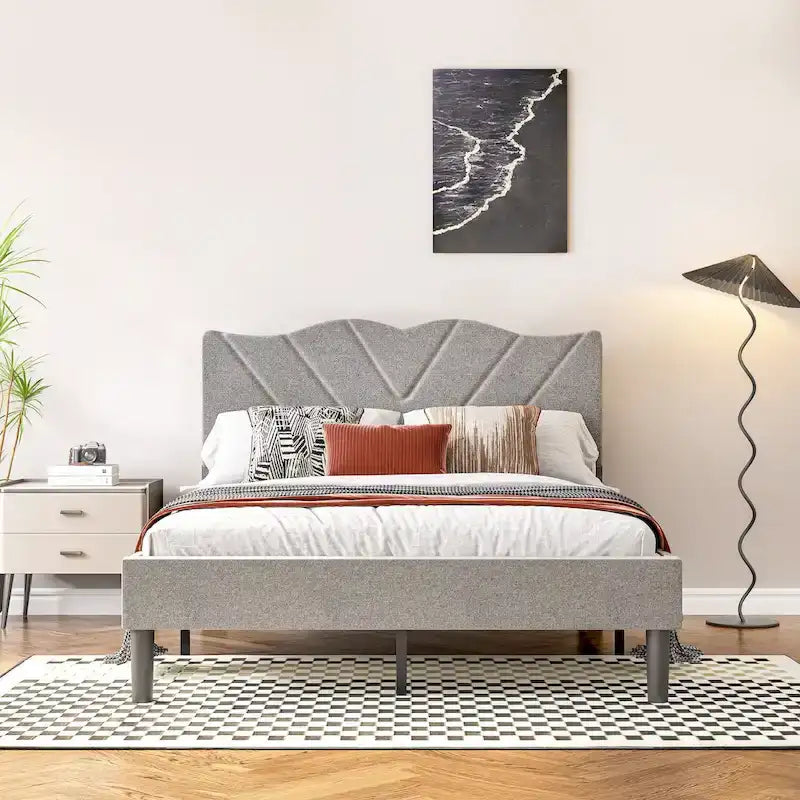 Twin Upholstered Platform Bed with Padded Headboard, Metal Frame,Gray