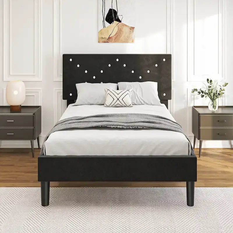 Twin Upholstered Platform Bed with Padded Headboard, Metal Frame,Gray