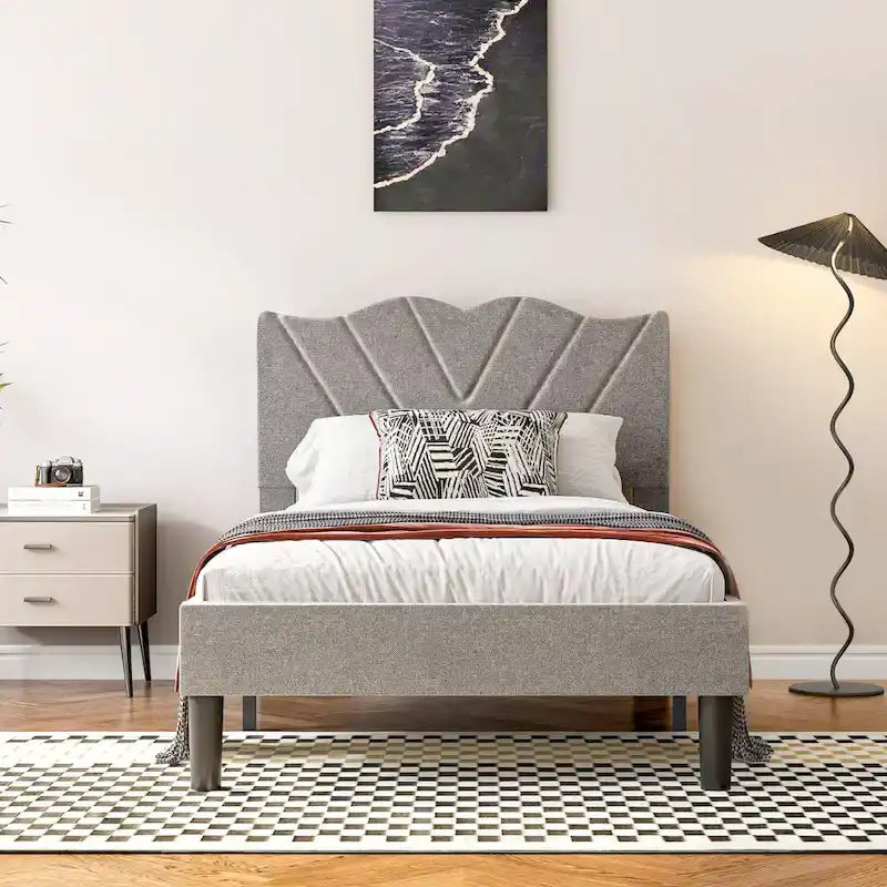 Twin Upholstered Platform Bed with Padded Headboard, Metal Frame,Gray