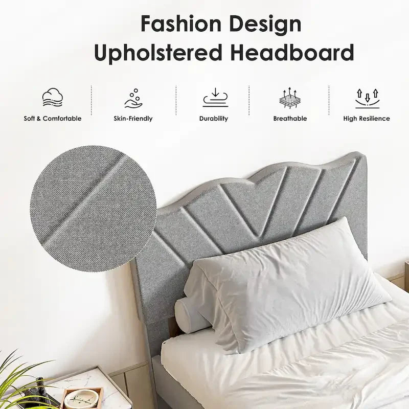 Twin Upholstered Platform Bed with Padded Headboard, Metal Frame,Gray