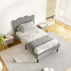 Twin Upholstered Platform Bed with Padded Headboard, Metal Frame,Gray