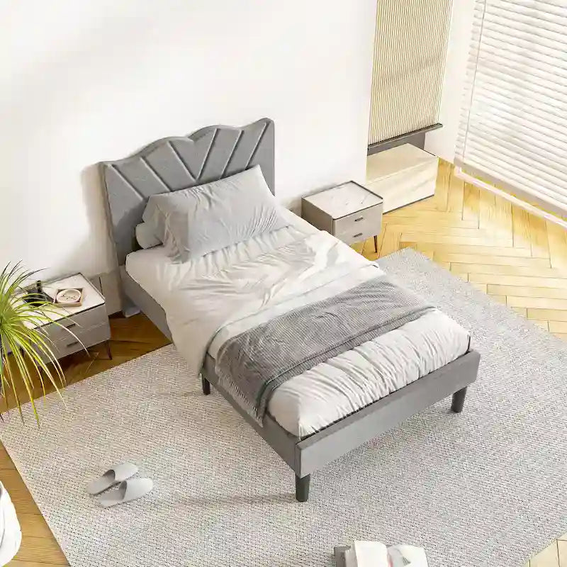 Twin Upholstered Platform Bed with Padded Headboard, Metal Frame,Gray