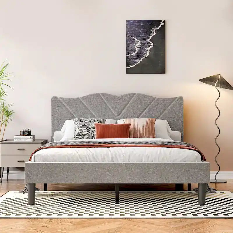 Twin Upholstered Platform Bed with Padded Headboard, Metal Frame,Gray