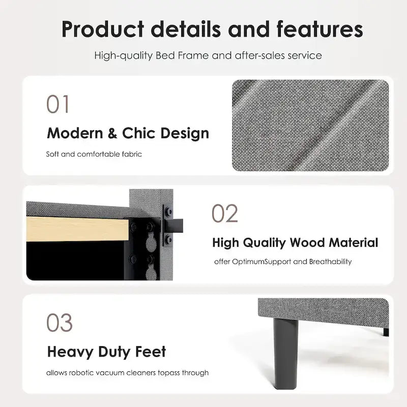 Twin Upholstered Platform Bed with Padded Headboard, Metal Frame,Gray