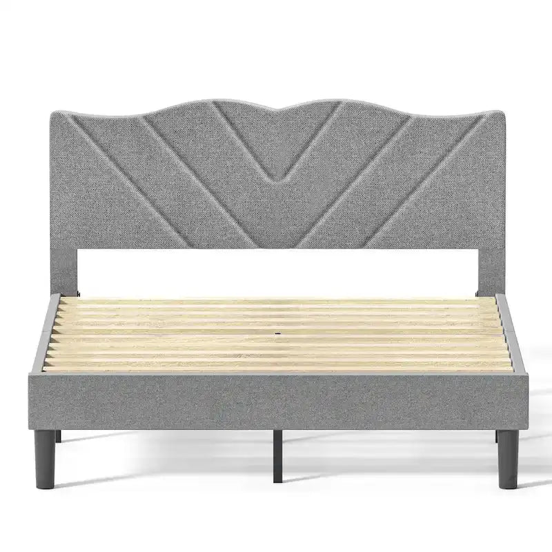 Twin Upholstered Platform Bed with Padded Headboard, Metal Frame,Gray