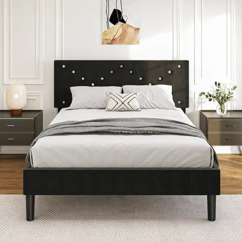 Twin Upholstered Platform Bed with Padded Headboard, Metal Frame,Gray