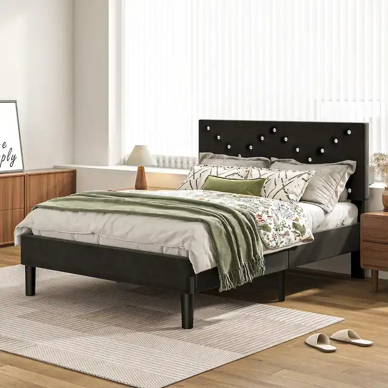 Twin Upholstered Platform Bed with Padded Headboard, Metal Frame,Gray