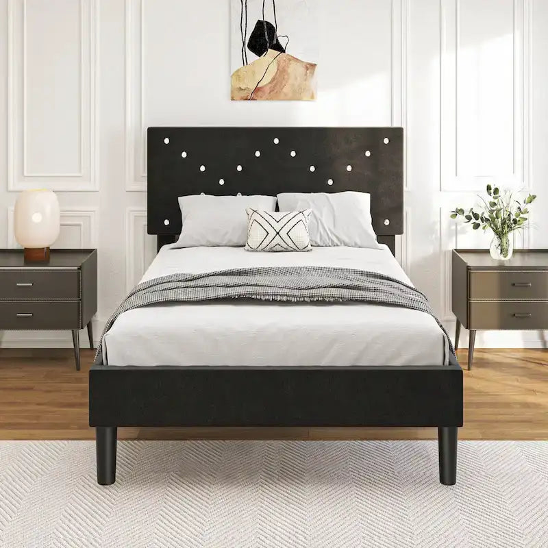 Twin Upholstered Platform Bed with Padded Headboard, Metal Frame,Gray