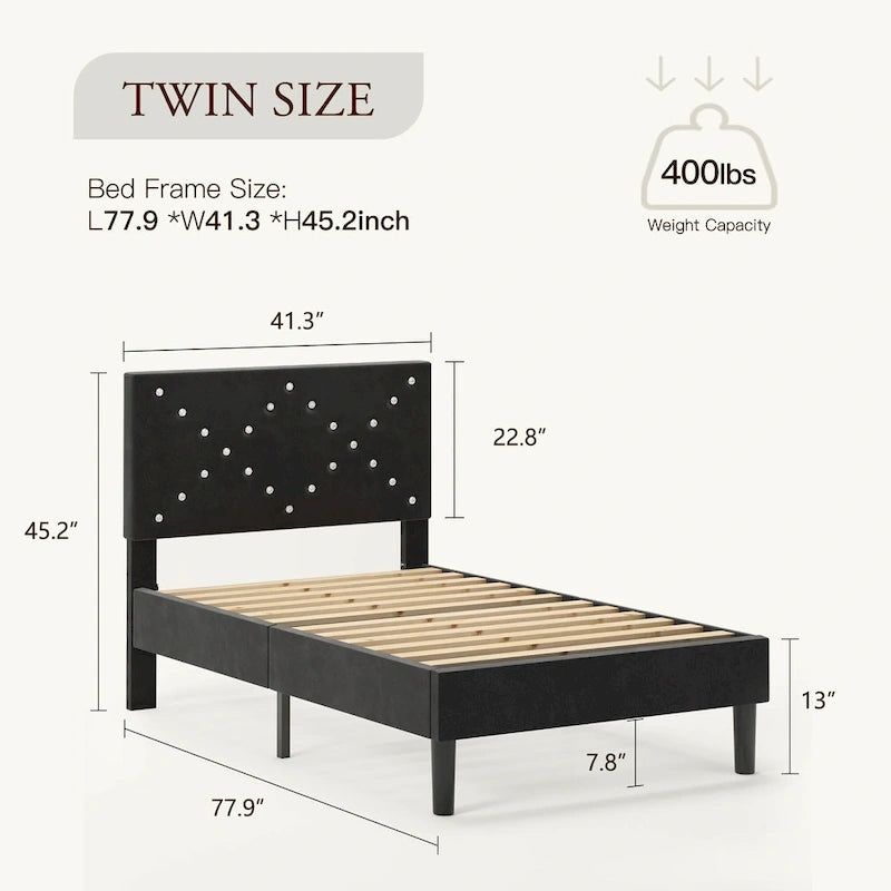 Twin Upholstered Platform Bed with Padded Headboard, Metal Frame,Gray