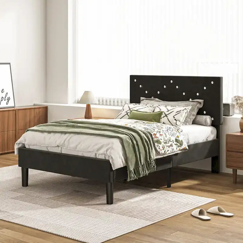 Twin Upholstered Platform Bed with Padded Headboard, Metal Frame,Gray