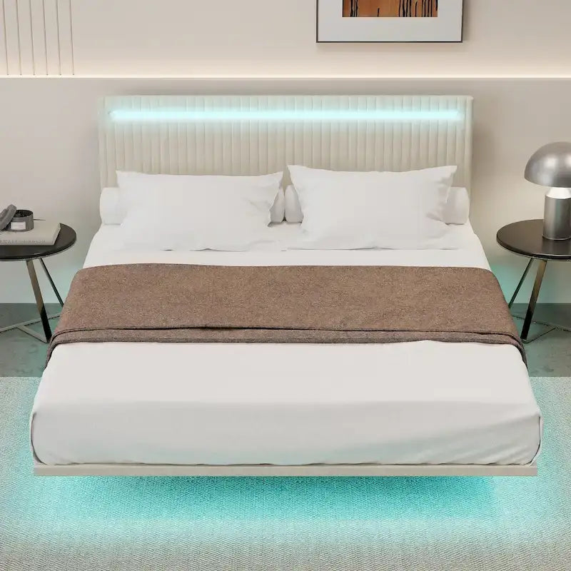 Roomfitters Full/Queen Size Floating Platform Bed Frame, Velvet Upholstery, Channel Tufted Headboard, No Box Spring Needed