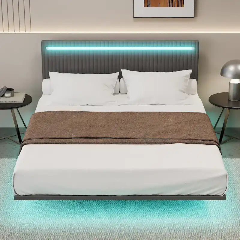 Roomfitters Full/Queen Size Floating Platform Bed Frame, Velvet Upholstery, Channel Tufted Headboard, No Box Spring Needed