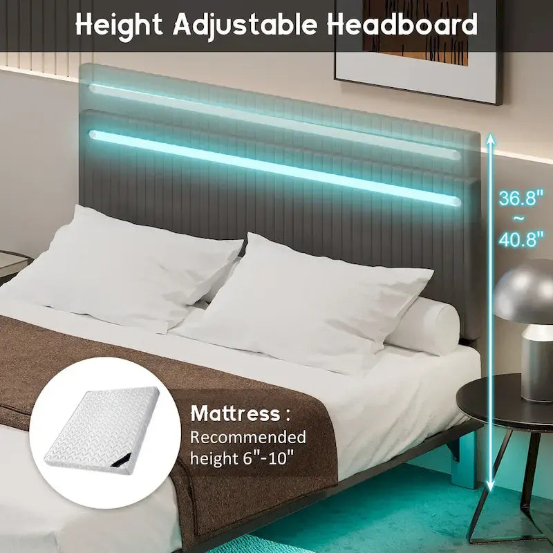 Roomfitters Full/Queen Size Floating Platform Bed Frame, Velvet Upholstery, Channel Tufted Headboard, No Box Spring Needed
