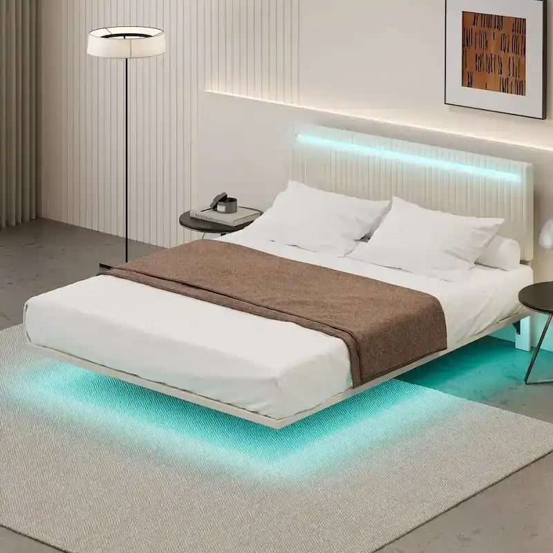 Roomfitters Full/Queen Size Floating Platform Bed Frame, Velvet Upholstery, Channel Tufted Headboard, No Box Spring Needed