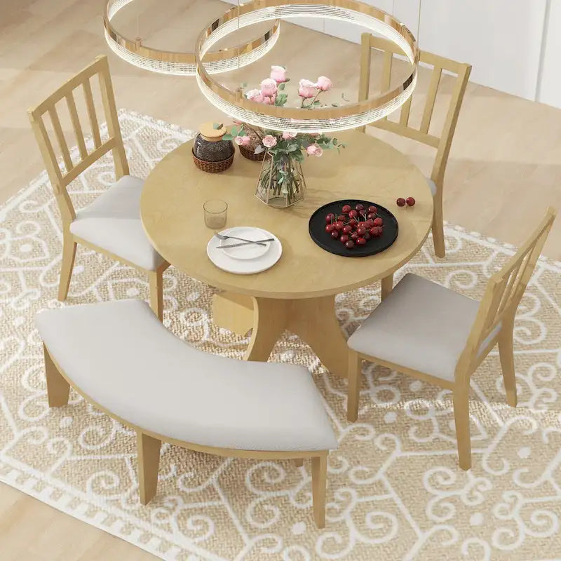 Modern Country Dining Table and Chair Sets Multi-Functional Dining Table and Chair Sets with Curved Table Base and Curved Bench