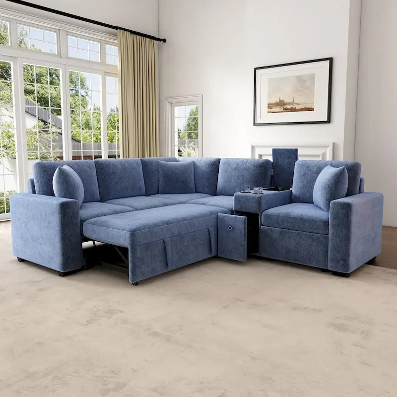 120.5 Chenille L-Shaped Sectional Sofa Bed with Storage & Cup Holders