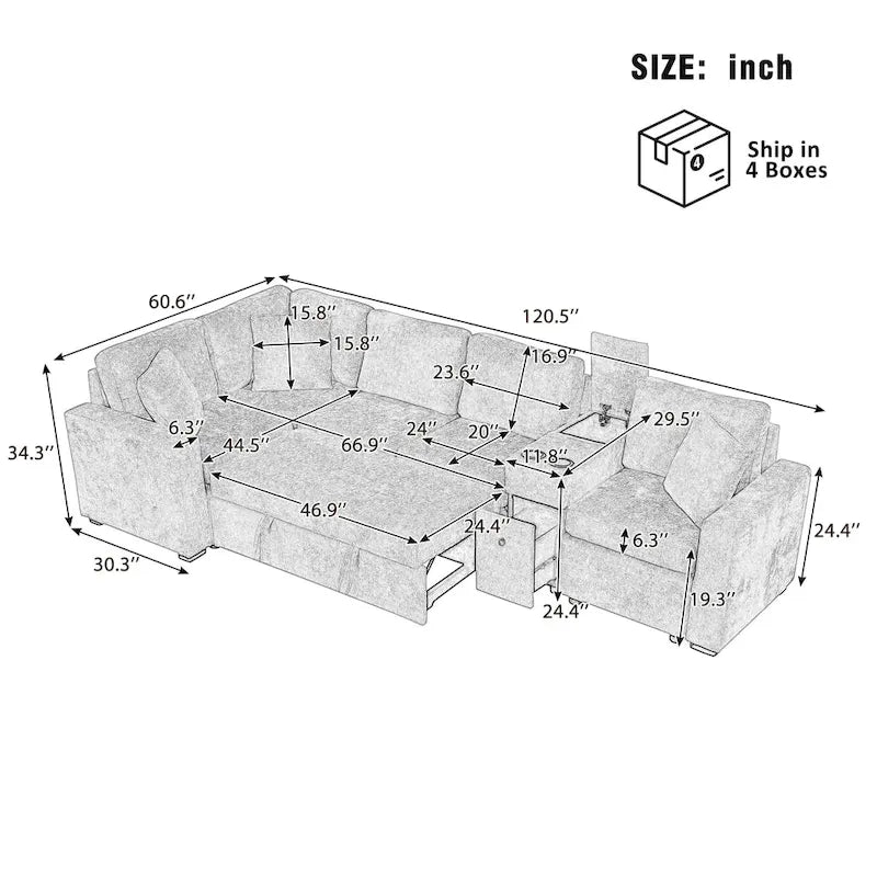 120.5 Chenille L-Shaped Sectional Sofa Bed with Storage & Cup Holders