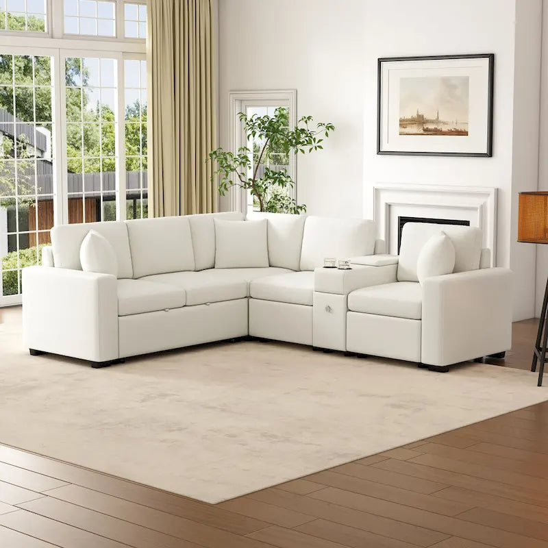 120.5 Chenille L-Shaped Sectional Sofa Bed with Storage & Cup Holders