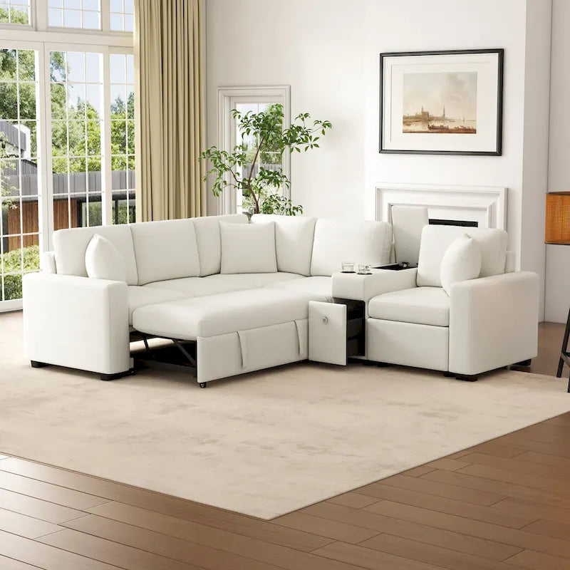 120.5 Chenille L-Shaped Sectional Sofa Bed with Storage & Cup Holders