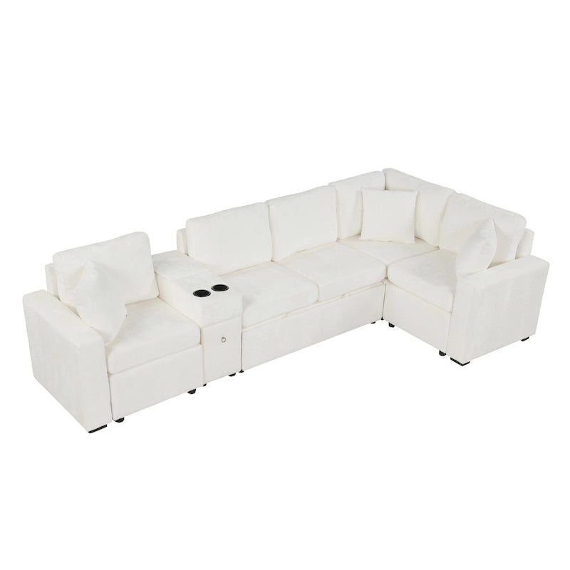 120.5 Chenille L-Shaped Sectional Sofa Bed with Storage & Cup Holders