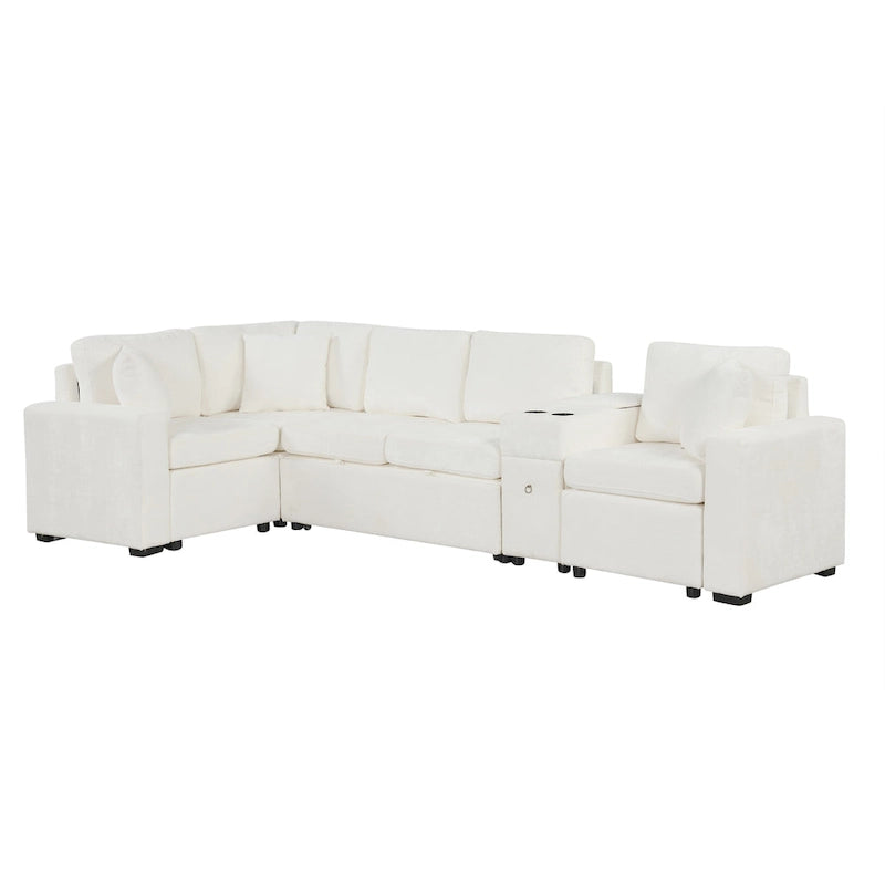 120.5 Chenille L-Shaped Sectional Sofa Bed with Storage & Cup Holders
