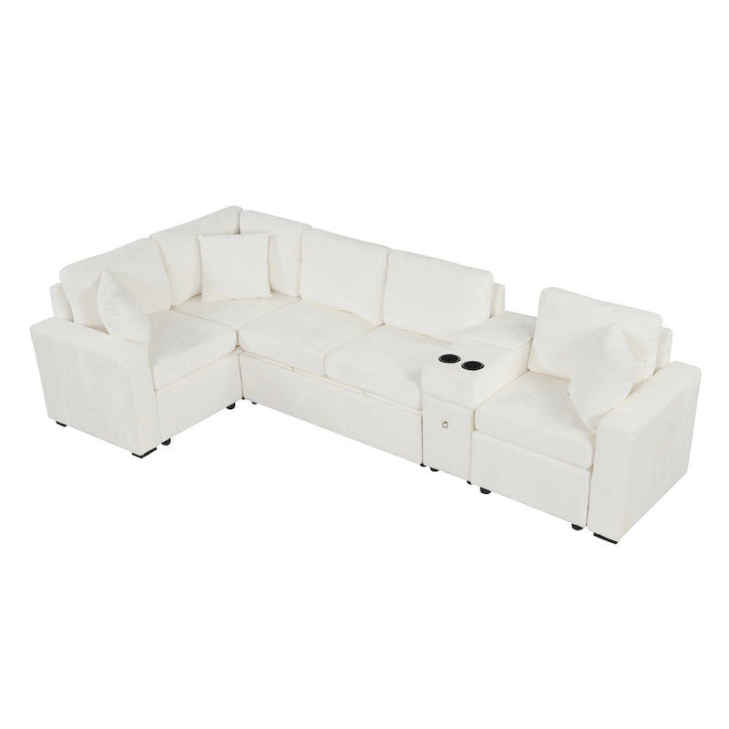 120.5 Chenille L-Shaped Sectional Sofa Bed with Storage & Cup Holders