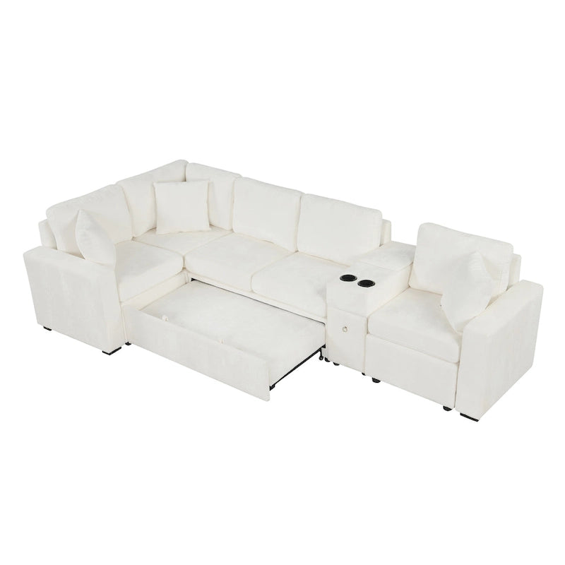 120.5 Chenille L-Shaped Sectional Sofa Bed with Storage & Cup Holders