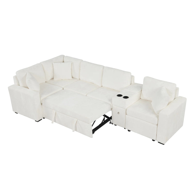 120.5 Chenille L-Shaped Sectional Sofa Bed with Storage & Cup Holders