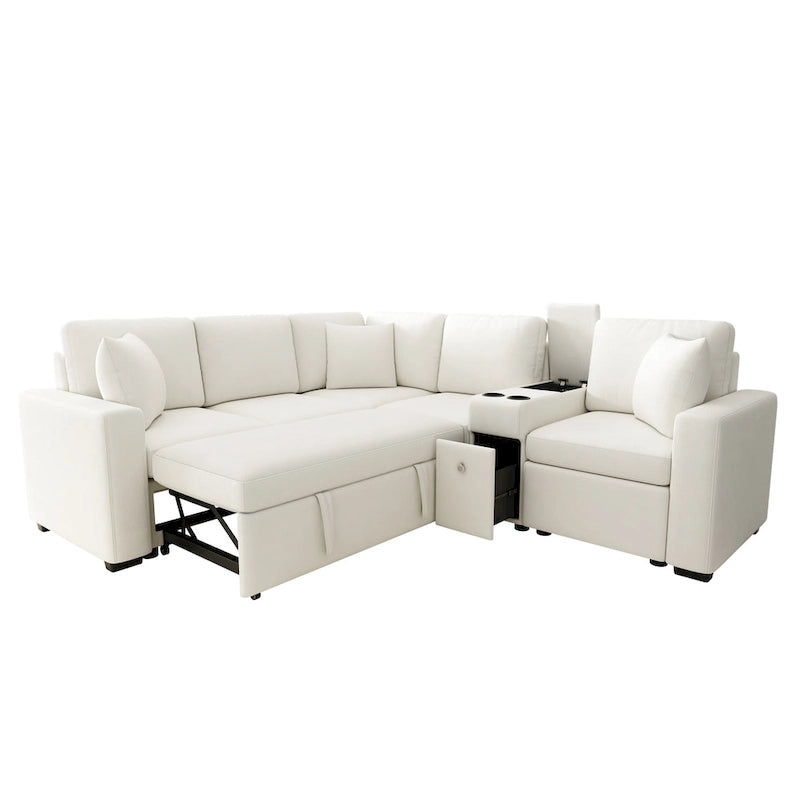 120.5 Chenille L-Shaped Sectional Sofa Bed with Storage & Cup Holders