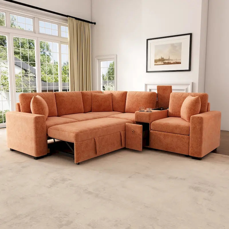 120.5 Chenille L-Shaped Sectional Sofa Bed with Storage & Cup Holders