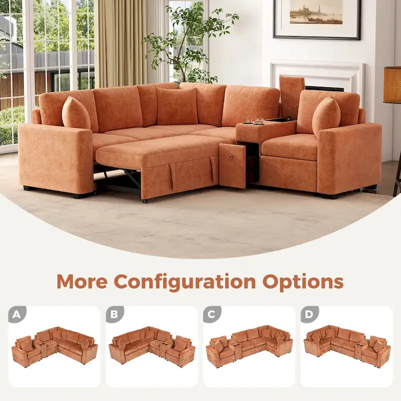 120.5 Chenille L-Shaped Sectional Sofa Bed with Storage & Cup Holders