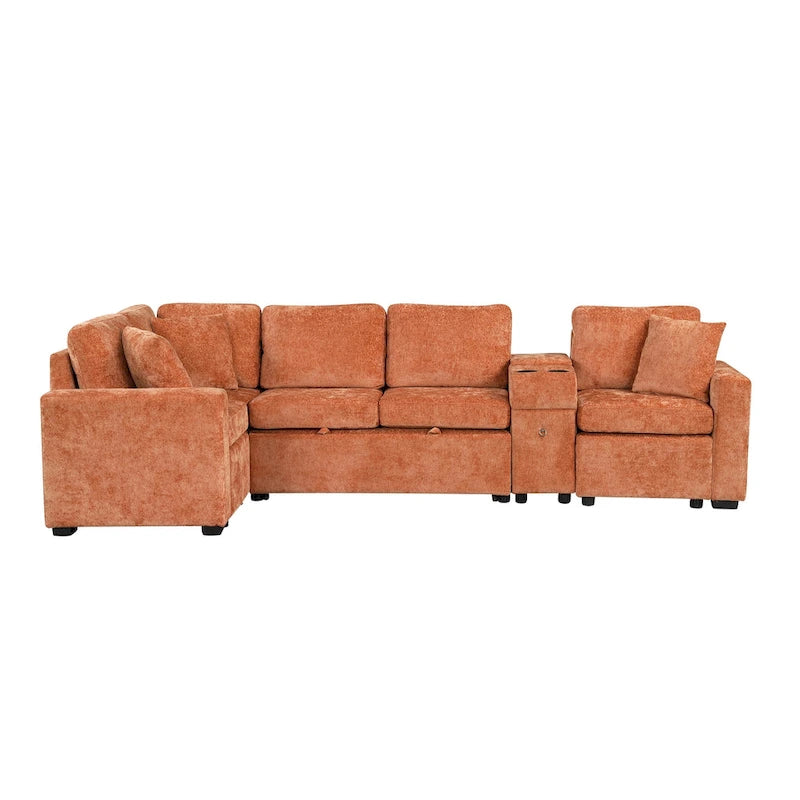 120.5 Chenille L-Shaped Sectional Sofa Bed with Storage & Cup Holders