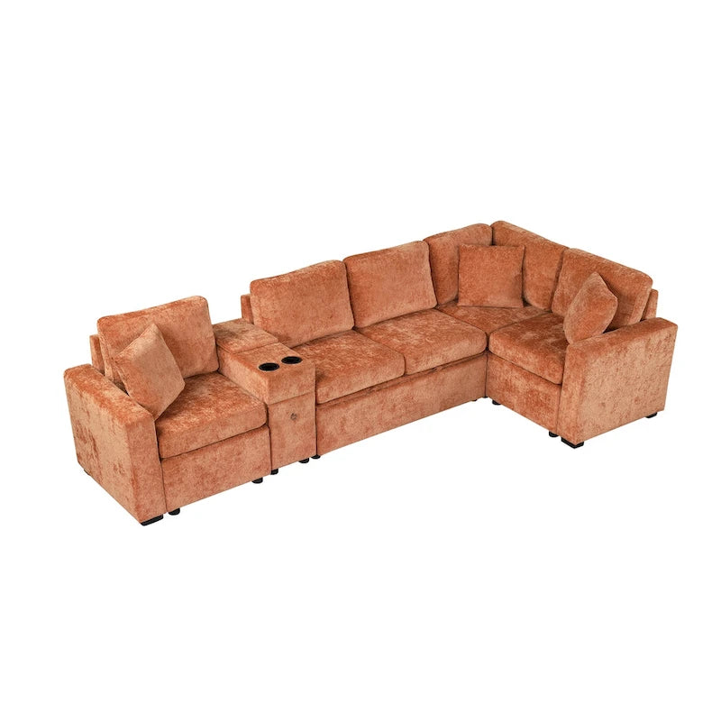 120.5 Chenille L-Shaped Sectional Sofa Bed with Storage & Cup Holders