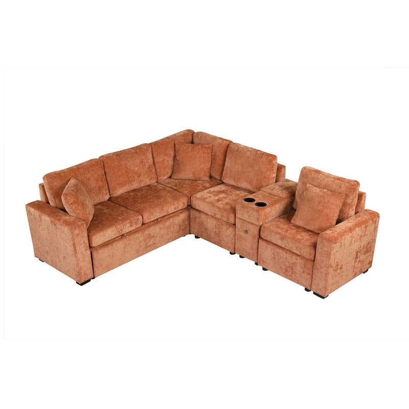 120.5 Chenille L-Shaped Sectional Sofa Bed with Storage & Cup Holders