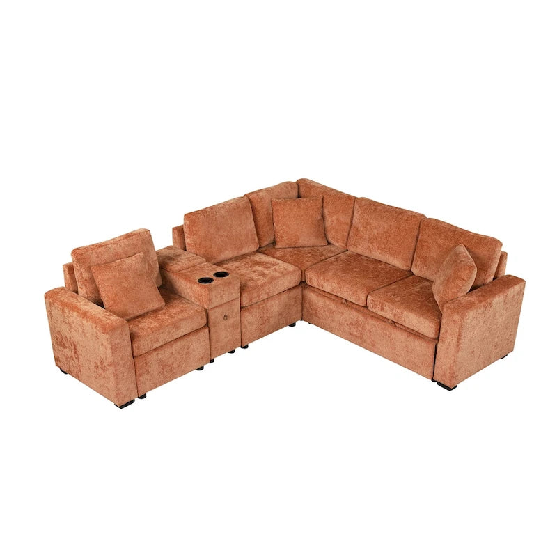 120.5 Chenille L-Shaped Sectional Sofa Bed with Storage & Cup Holders