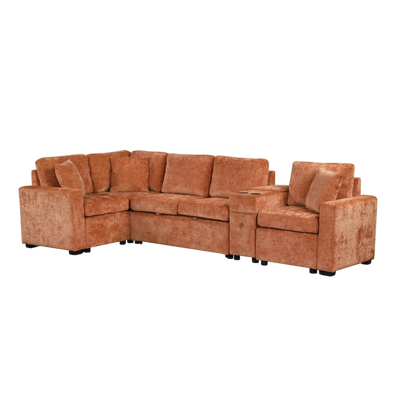 120.5 Chenille L-Shaped Sectional Sofa Bed with Storage & Cup Holders