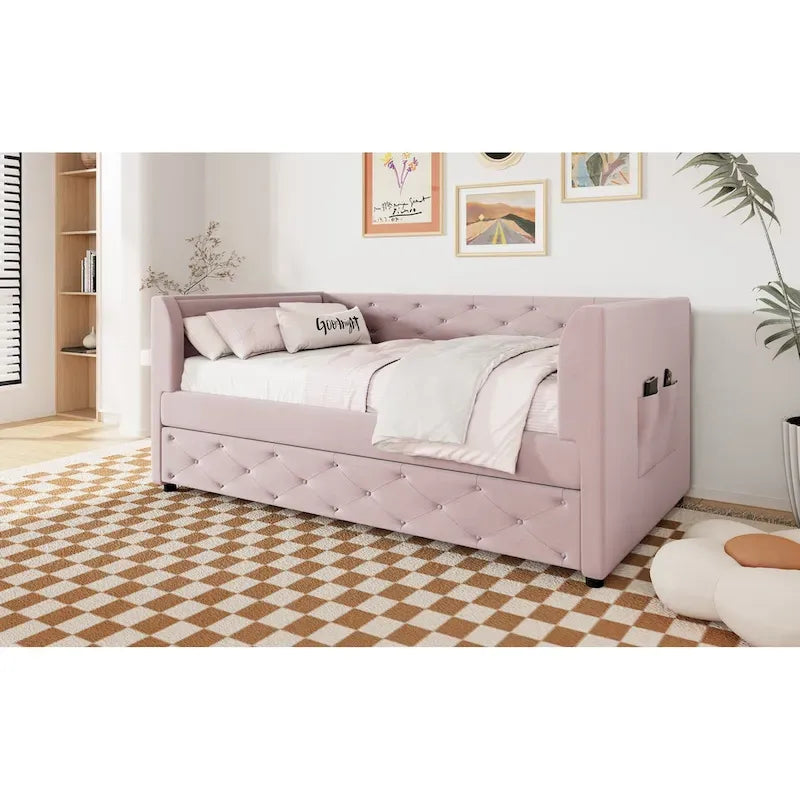 Twin Velvet Tufted Daybed with Trundle & Storage