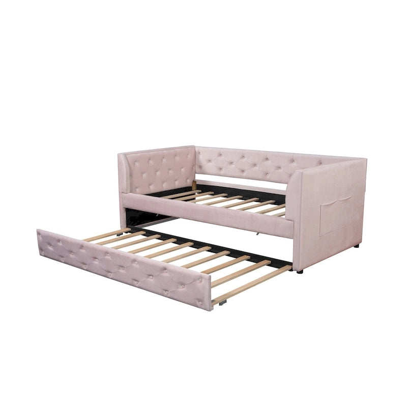 Twin Velvet Tufted Daybed with Trundle & Storage